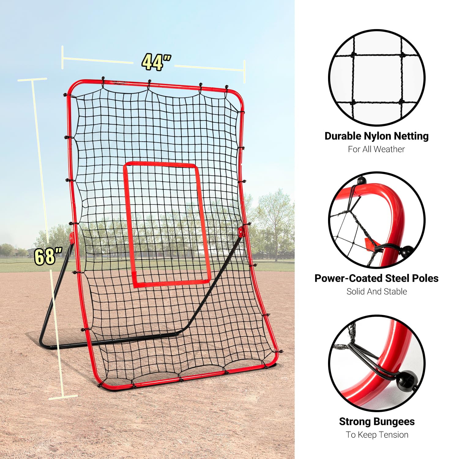 FITPLAY Baseball Rebounder Net + Pitchback Net, 68" x 44" Angle Adjustable Pitch Trainer Simulate , Easy-Fold Design