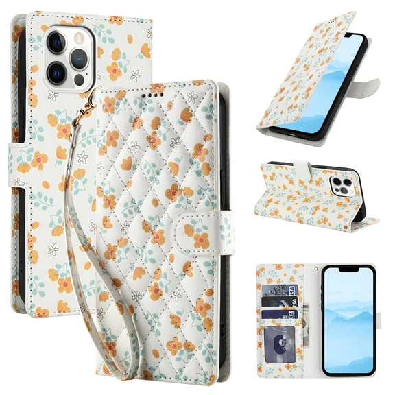 for iPhone 12 Wallet Case Women Girls, Cute Floral Pattern PU Leather Flip Phone Cover with Card Holder, Kickstand, Wrist Strap, Protective Purse Case for iPhone 12, Pattern-C