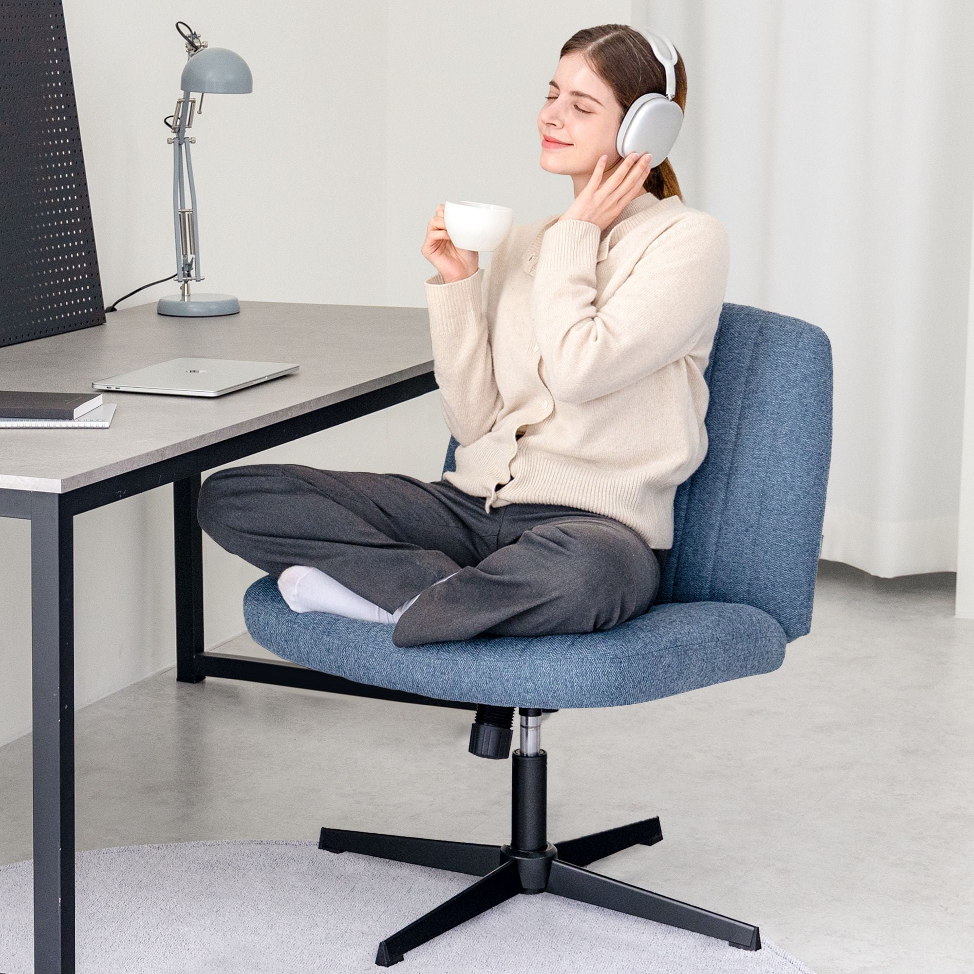 Orange Factory Criss Cross Chair No Wheel Wide Cross Legged Office Desk Vanity Chair Comfy Fabric Armless Adjustable Swivel for Home Computer Task (Blue No Wheel, Classic Fabric)