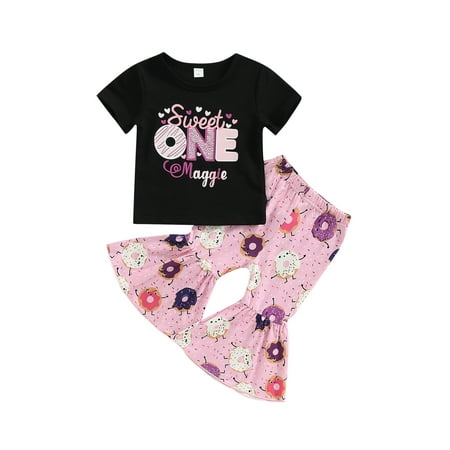 

Canrulo Toddler Baby Girl Western Clothes Kids Short Sleeve Cow Print T-Shirts Tops High Waist Flared Pants 2Pcs Outfits Donut 3-4 Years