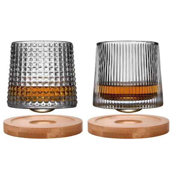 ACDANC 2Set Whiskey Glasses Rotatable Tumbler Crystal Glass Cups,Clear Glassware with 2Pcs Bamboo Coasters - Scotch,Bourbon,Liquor,Brandy,and Cocktail Drinks at Home Bar 2 X 6.2OZ