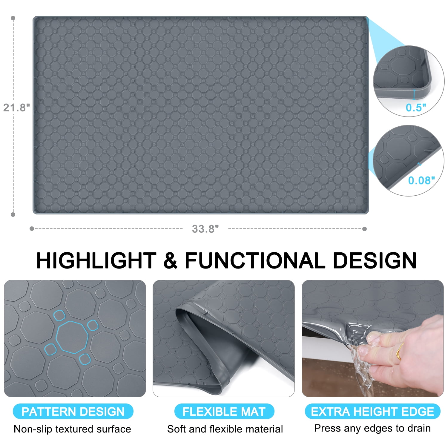 Livhil Under Sink Mat for Kitchen Waterproof, 34"x 22" Silicone Sink Mat Cabinet Liner for Bathroom, Under Sink Mat with Raised Edge, Under Sink Drip Tray Protector