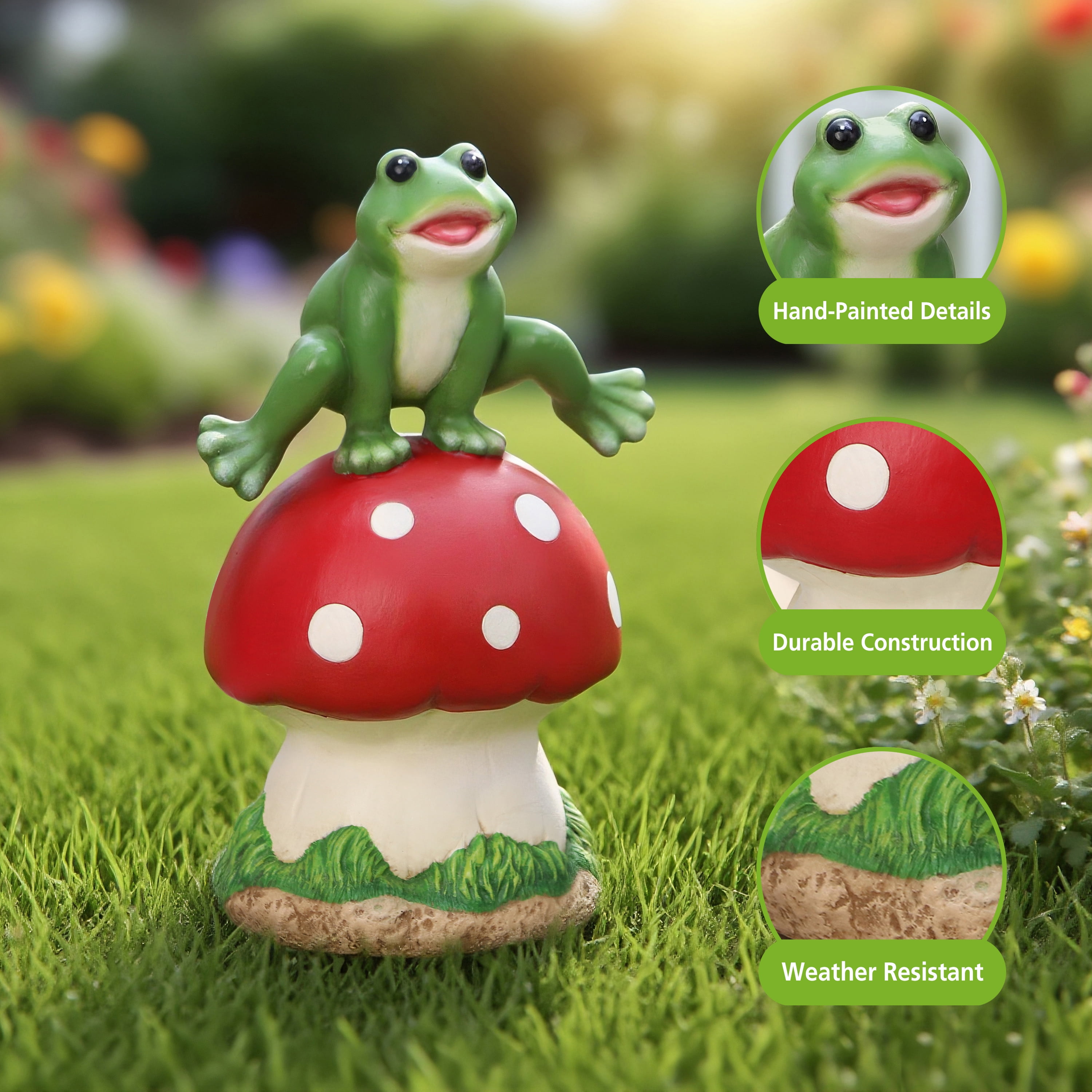 Mainstays Outdoor Leaping Frog Statue with Red Toadstool, 6.63 in L x 5 in W x 10.5 in H
