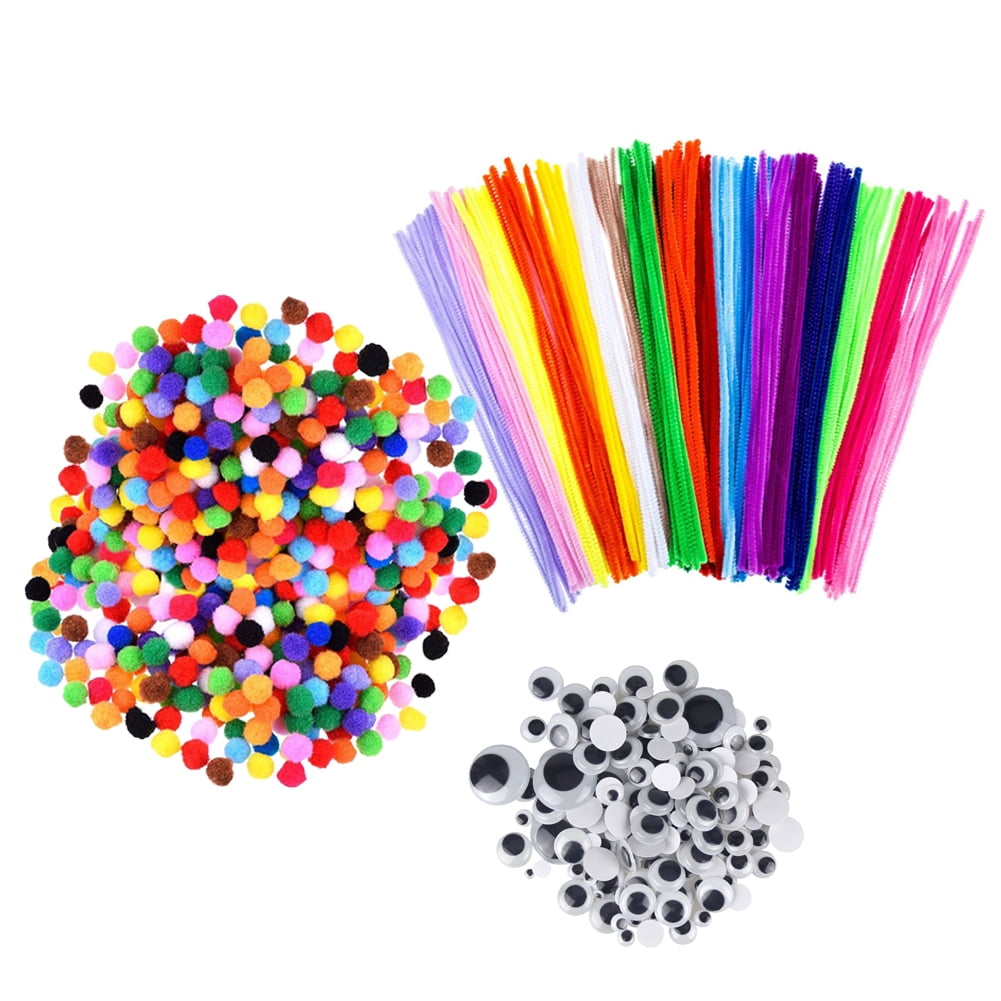 Pipe Cleaners Pom Poms All in 1 Craft Set 6mm x 12 inch Chenille Stems Assorted Color Self Adhesive Wiggle Googly Eyes Rainbow Wooden Popsicles DIY Art for Boys Girls Crafts Assorted Sizes