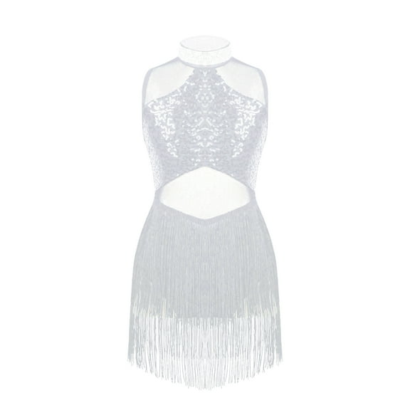MSemis Girls Sequin Leotard Tassel Dress Ballroom Salsa Latin Dance Costume White 6