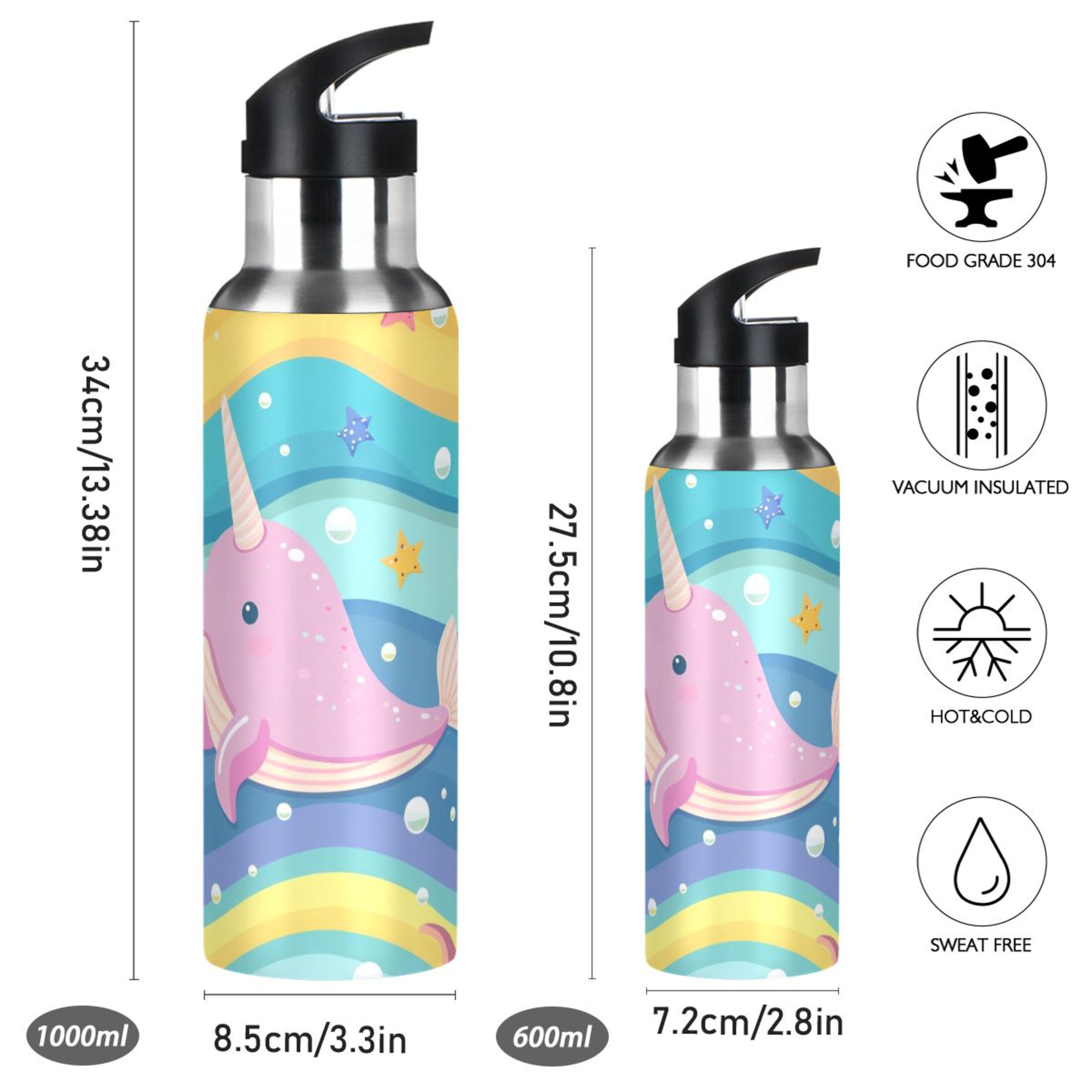 Cute Narwhal Whale Stainless Steel Water Bottle 34oz/1000ml Double Wall Vacuum Insulation Leakproof for Sports Travel