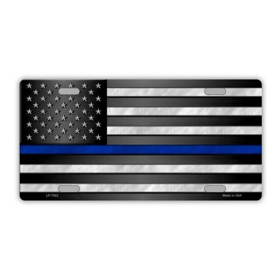 License Plate, Metal Vanity Tag Cover, United States Flag Thin Blue Line, Police, 12" x 6"