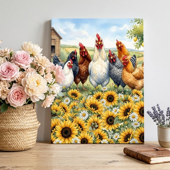 Chickens Rooster Canvas Wall Art for Living Room, Yellow Sunflowers Barn Farmhouse Animal Poster Print Painting for Bedroom Office Home Decoration Wall Pictures Prepare To Hang 8"x10"