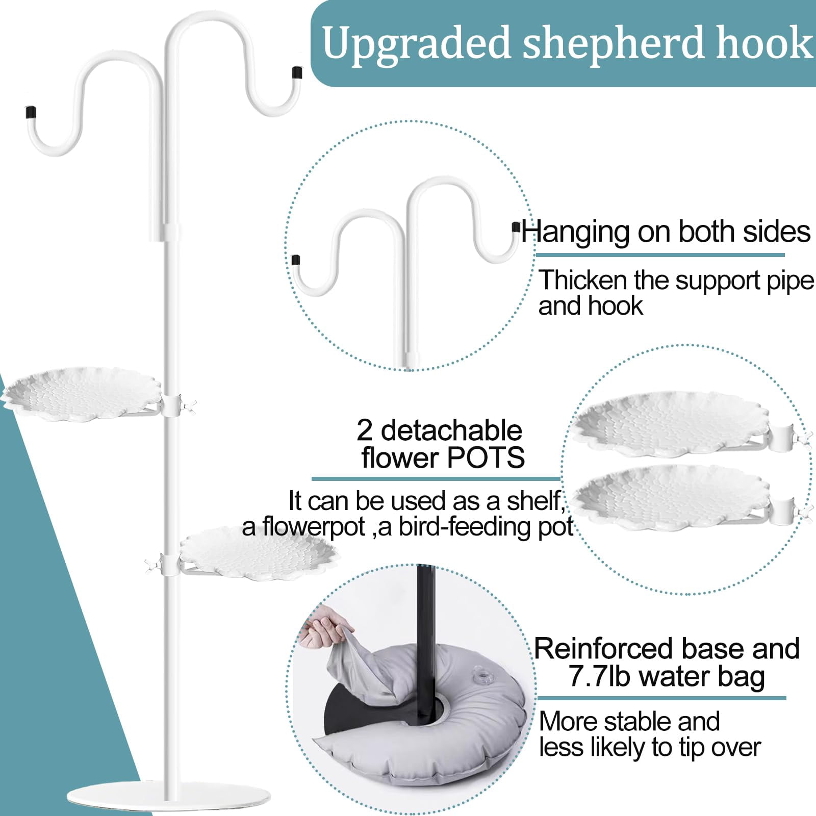 Upgraded 74" Shepherd's Hook Stand plant，Bird Feeder，Wind Chime Hanger Stand, Waterproof Metal & Adjustable-Height Standing Pole Holder for Lantern and Wreath, Indoor & Outdoor（2 Placement Racks)