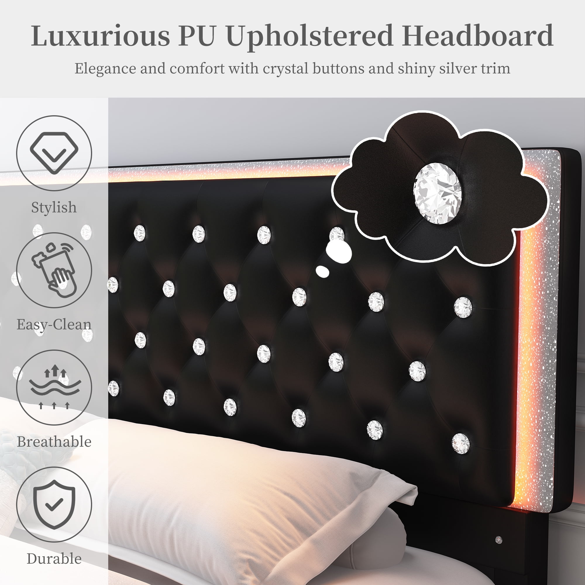 SIBEDS Queen Upholstered LED Bed Frame with 2 Storage Drawers, PU Leather Black Diamond Tufted Headboard, RGB Lights, Noise Free, No Box Spring Needed