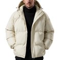 thumbnail image 3 of Winter Puffer Coat for Men Solid Color Warm Hooded Thick Coat Stand Collar Zip Up Padded Outerwear for Daily, 3 of 7