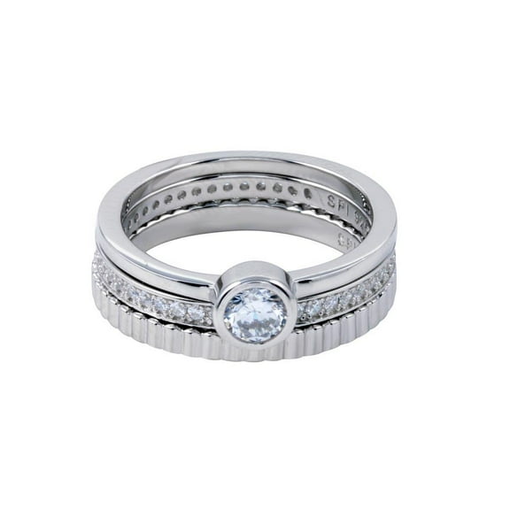 Rhodium Plated 925 Sterling Silver Channel Stackable Ring Set Band White CZ Female Size 9