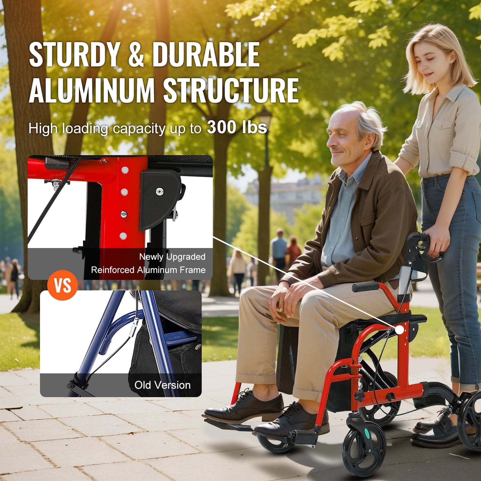 KFFKFF Dual-Function Walker & Wheelchair for Elderly, Foldable Aluminum Walker with Seat, Adjustable Handles & Footrests, Durable All-Terrain Wheels, Supports up to 300 lbs