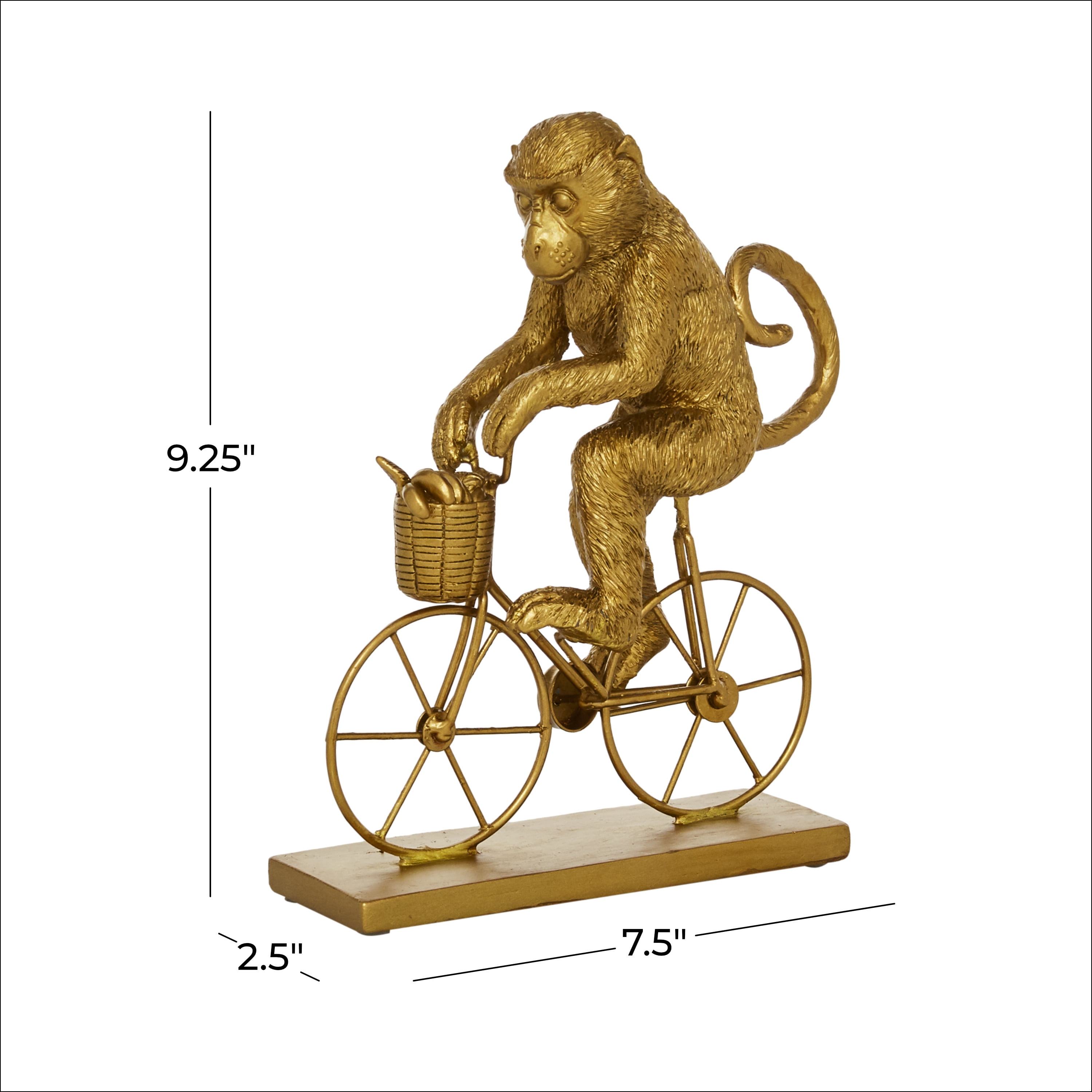 7" x 9" Gold Polystone Monkey Sculpture with Bicycle, by DecMode