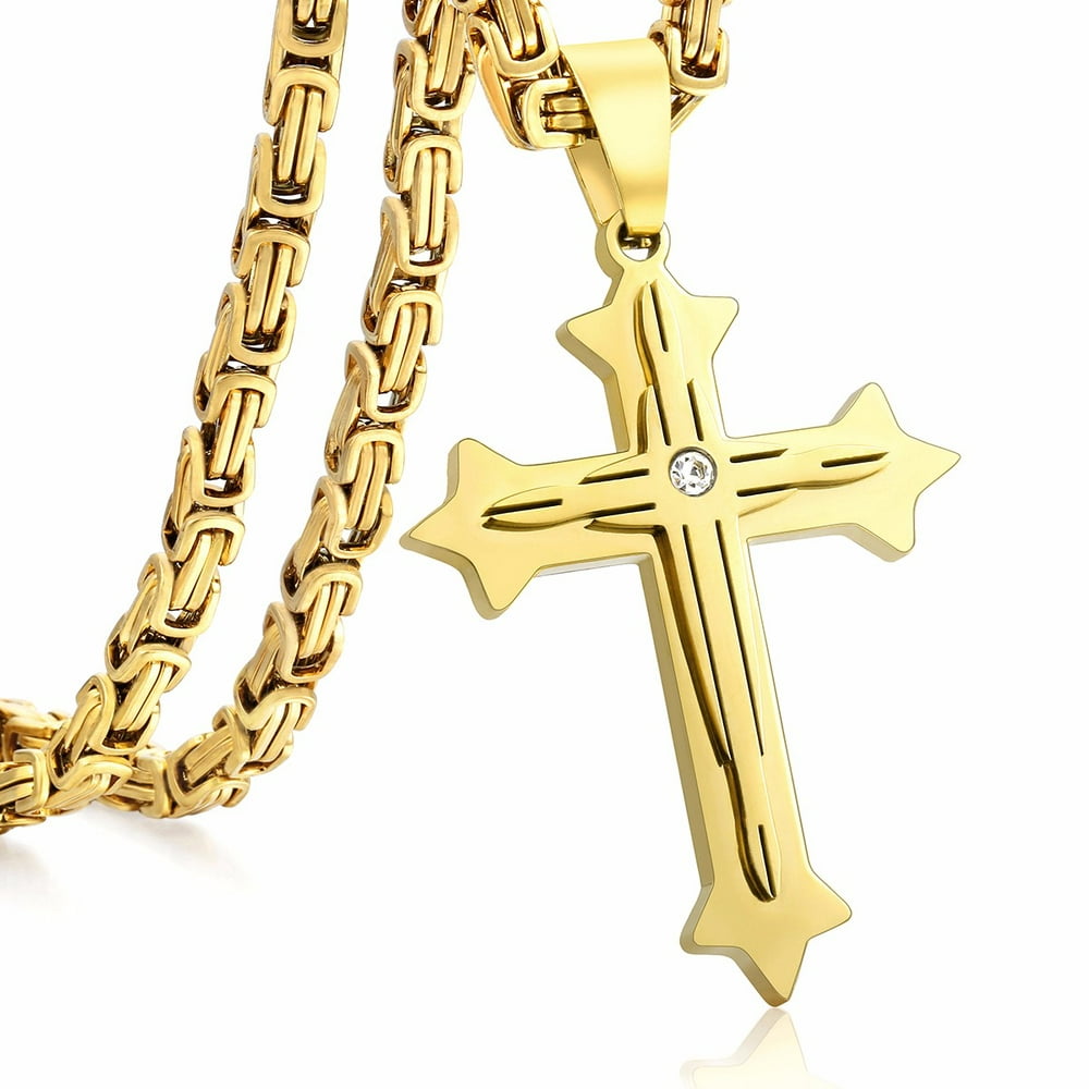 Hermah - Mens Stainless Steel Cross Pendant Necklace 5mm Byzantine Link ...