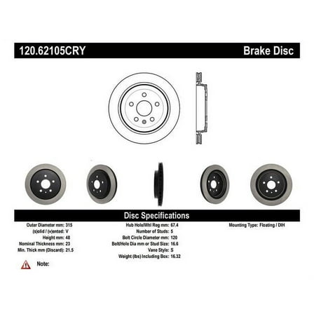 Centric 120.62105 Rear Brake Rotor Fits select: 2013-2015 CHEVROLET CAMARO, 2008 CADILLAC CTS