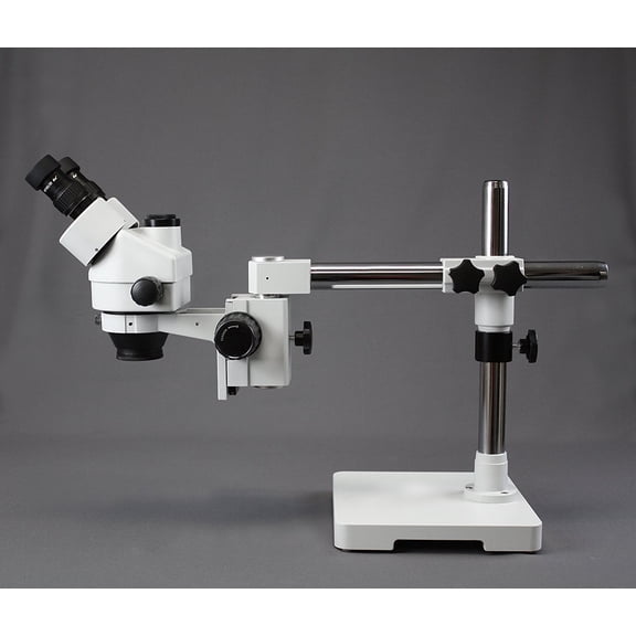Vision Scientific Trinocular Zoom Stereo Microscope, 10x Widefield Eyepiece, 0.7x4.5x Zoom Range, 7x45x Magnification Range, Single Arm Boom Stand