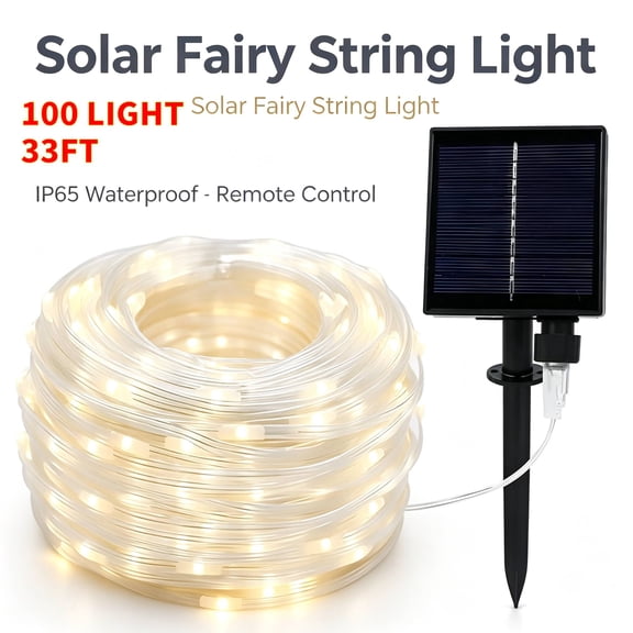 Solar Fairy String Light – 33FT 100 LEDWaterproof Decoration Light with Remote Control,(Warm White)