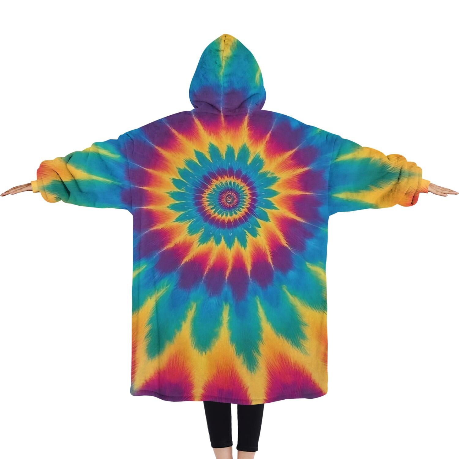 Oversized Wearable Blanket Hoodie,Colorful Tie Dye Mandala Pattern Sherpa Blanket Hoodie with Super Pockets,Super Warm Fuzzy Pullover for Women & Men