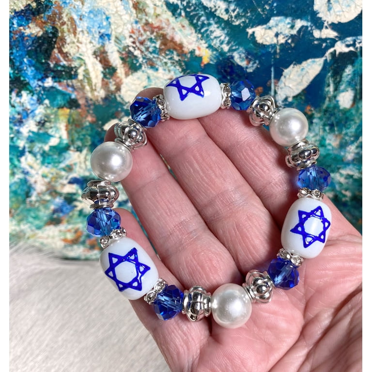 Hanukkah Star of David Beaded Bracelet, Blue & White photo 3