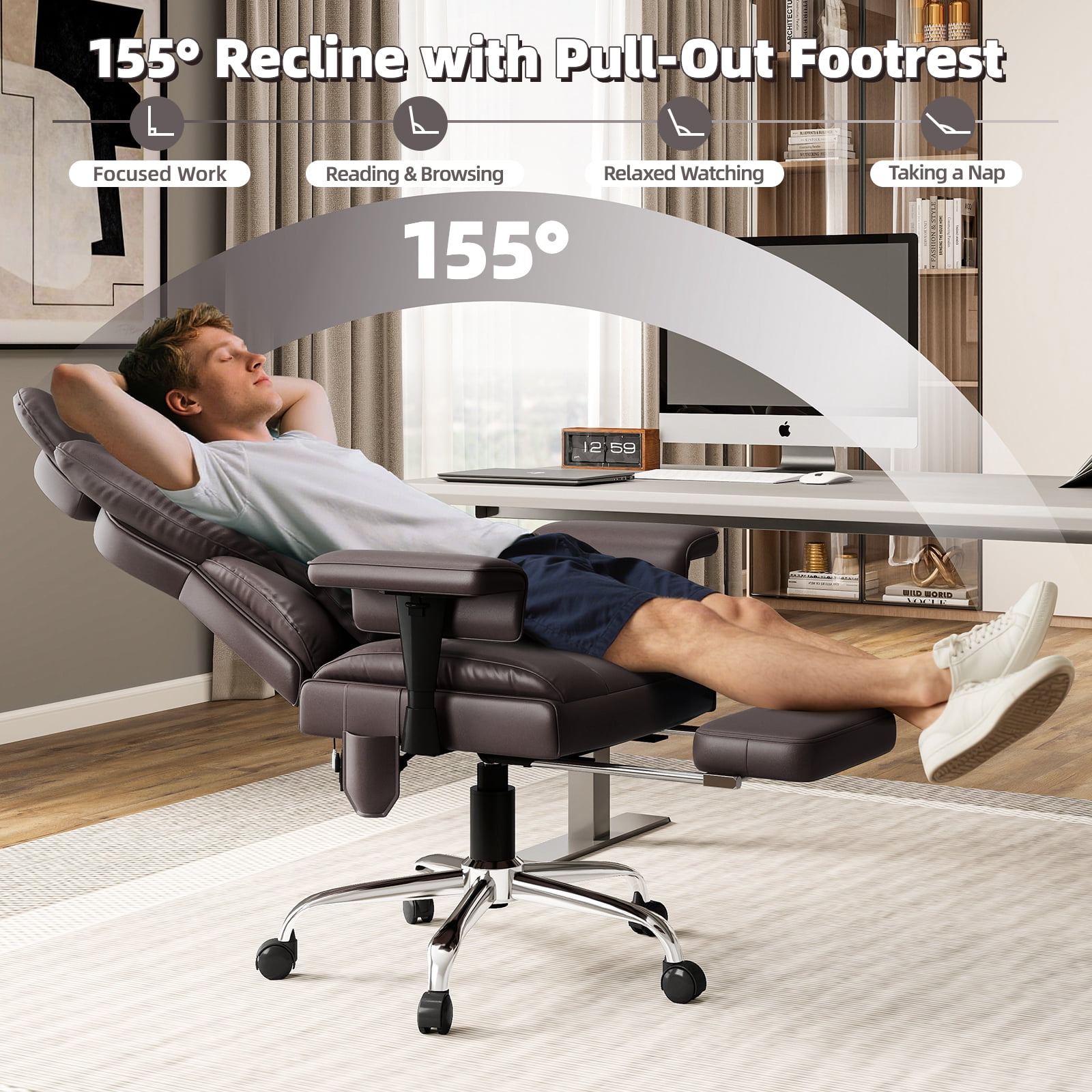 Massage Heated Office Chair with Foot Rest - 6 Points Vibration 400LBS Executive Office Chair with Adjustable Headrest, Armrest and Lumbar Pillow, Comfy Leather Desk Chair for Home Office, Brown