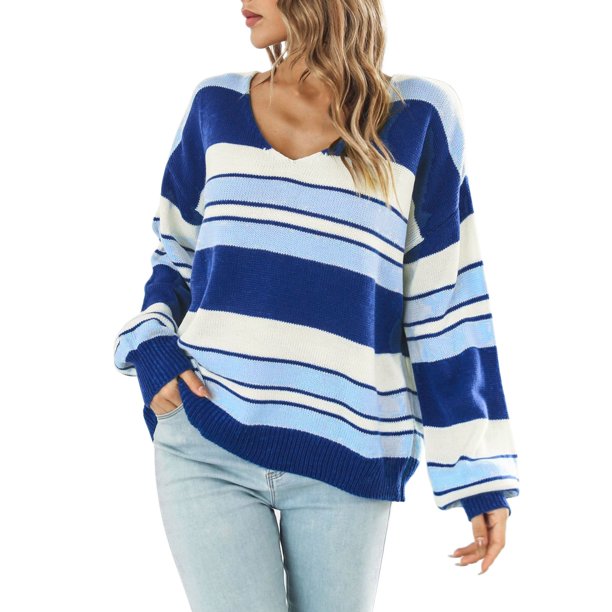 Gibobby Suéteres mujer, Suéter de punto acanalado para mujer, estilo informal, de otoño, de manga larga, con cuello en V, para otoño(Azul,G)