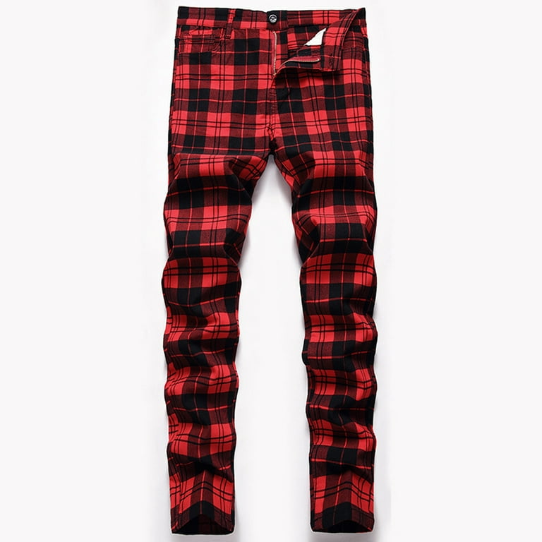 Mens Joggers Men s Fashion Casual Plaid Printed Trousers High Elasticity Large Size Slim Fitting Pants Trousers Full Lengrh Pants Men s Pants Baggy Jeans on Sales Wine 2XL Walmart