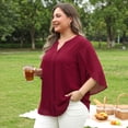 thumbnail image 2 of Agnes Orinda Women's Plus Size Chiffon Tops Notch V Neck 3/4 Tulip Sleeve Pleated Front Dressy Casual Summer Blouses 1X Burgundy, 2 of 8