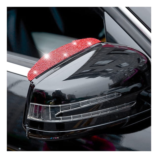 2PCS Car Rear View Mirror Rain Eyebrows, Bling Crystal Rear View Mirror Rain Visor Guard, Rhinestone Rainproof Car Side Mirror Rain Visor Smoke Cover, Universal for Car, Truck, SUV,Red