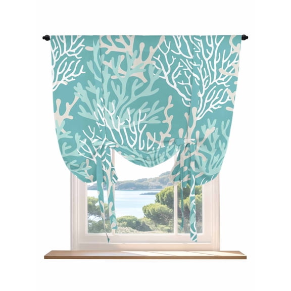 Teal Coral Coastal Tie Up Curtains for Windows 45 Inch Length Balloon Curtains Kitchen Adjustable Balloon Window Shade Ocean Nautical Seaside Beach Tie Up Valance Bathroom Curtain Window 42"x45"