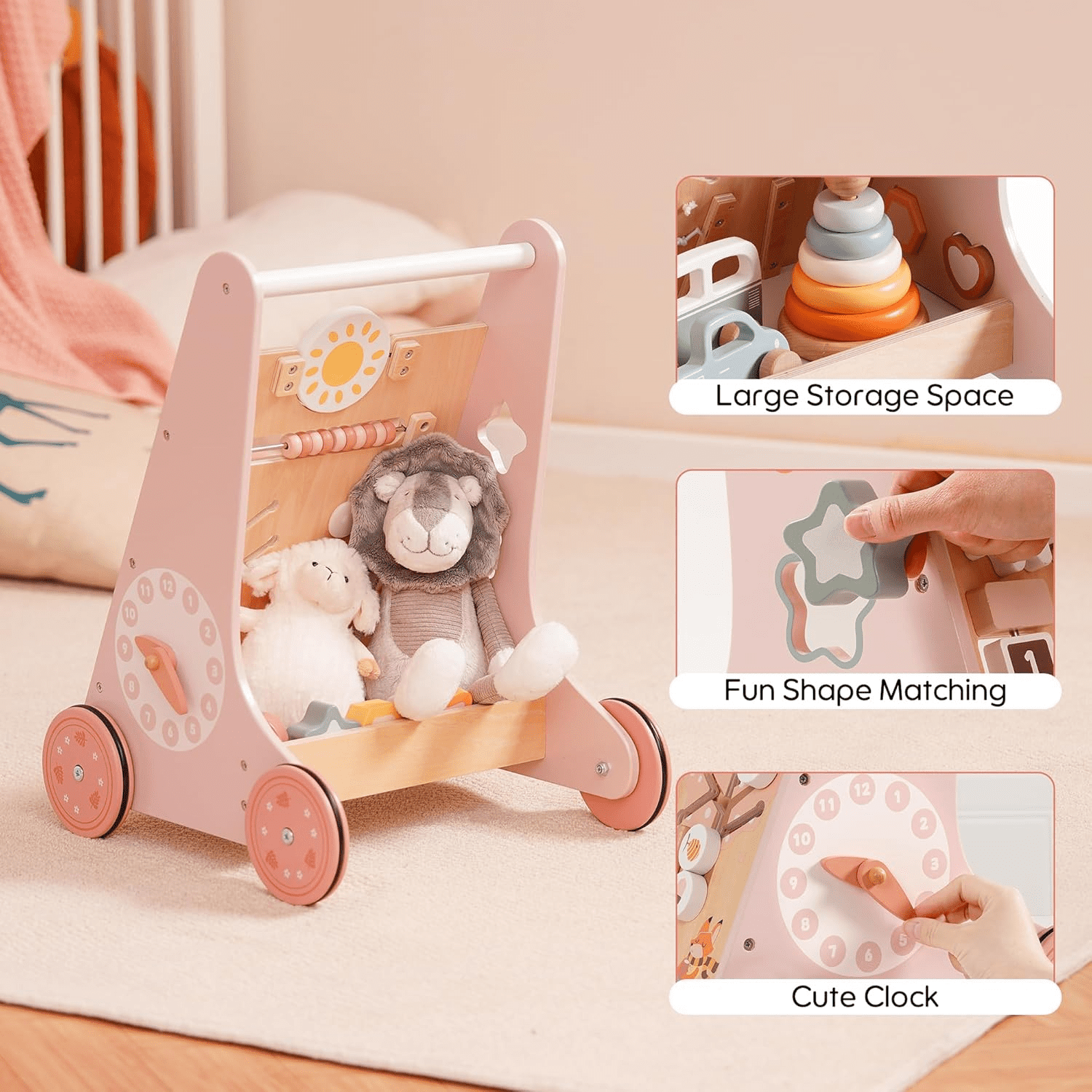 Robud Wooden Baby Walker, with Wheels, Montessori Push Toys for Babies Learning to Walk, Baby Walkers Activity Center for Boys and Girls,Pink