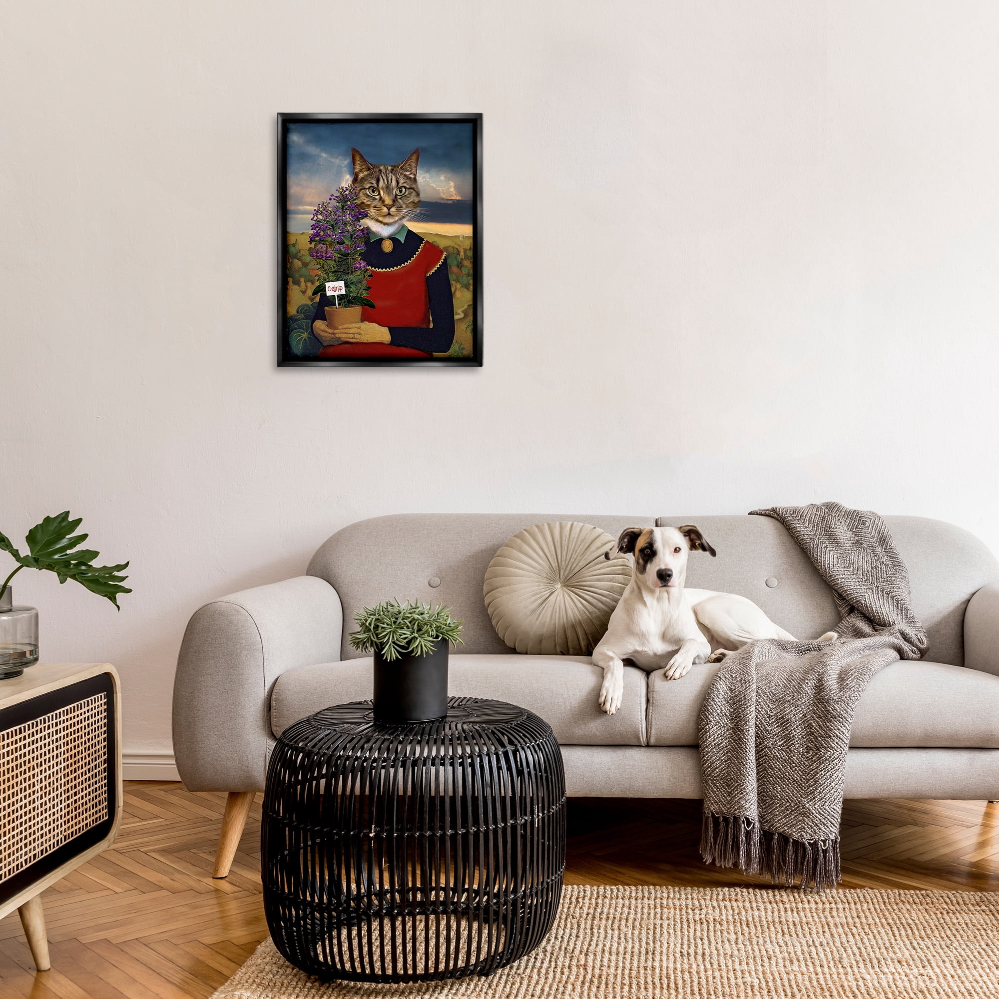 Stupell Industries Gardening Cat with Catnip Animals & Insects Painting Black Floater Framed Canvas Art Print Wall Art, 25 x 31