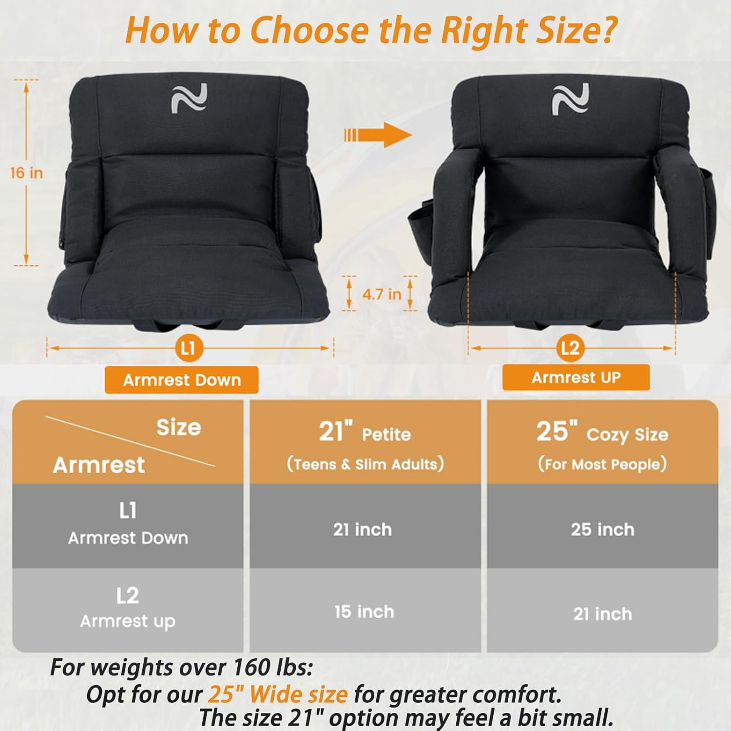 LILYPELLE Wide Stadium Seats with Back Support, Thick Bleacher Chairs with Comfy Cushion, 6 Reclining Positions Stadium Chair Bleacher Chairs with Armrests, Ultimate Comfort for Sports Events