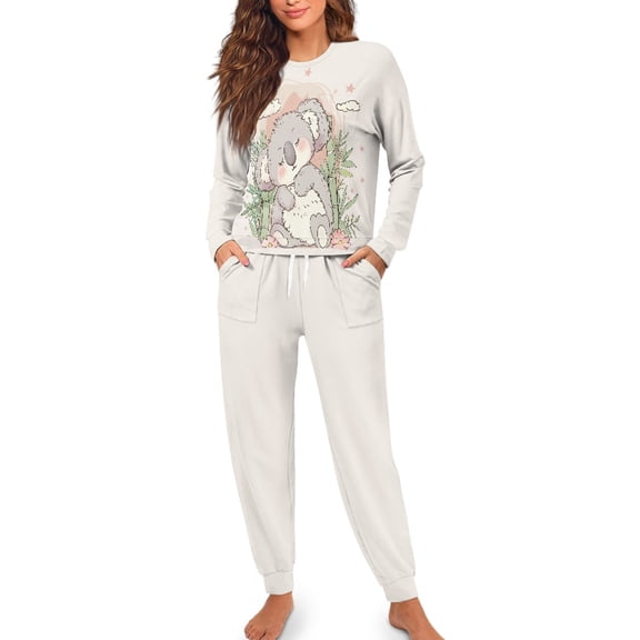 SCRAWLGOD Cute Koala Pajamas for Women Long Sleeve Pj Set Women 2 Piece Outfits Size S Crewneck Jogger Pjs for Women Lightweight Women's Soft Loungewear