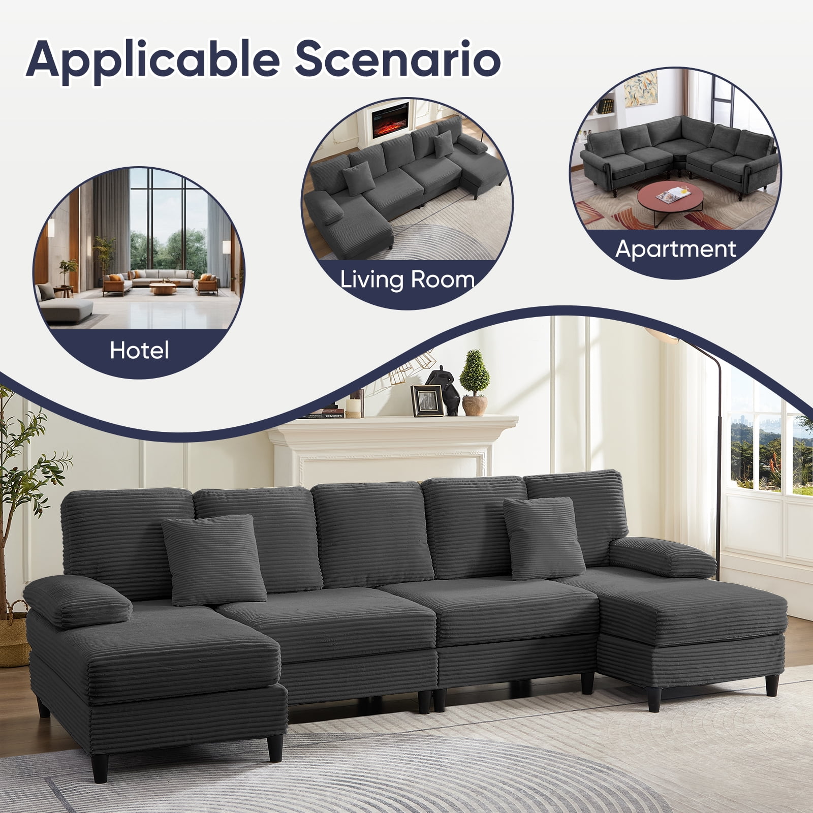 Mjkone U-Shaped Sectional Sofa, 4 Seats Corduroy Couch with Double Comfy Chaise for Living Room - Dark Gray