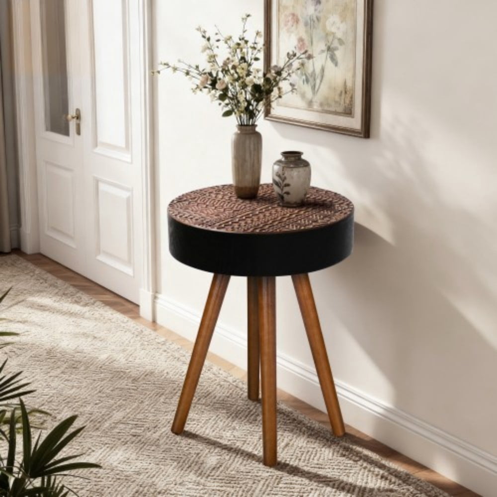 15.7" Round Drink Table, Small Wooden Side Table with Solid Wood Legs, Mid-Century Modern Accent Table for Living Room, Bedroom, Sofa, Brown & Black
