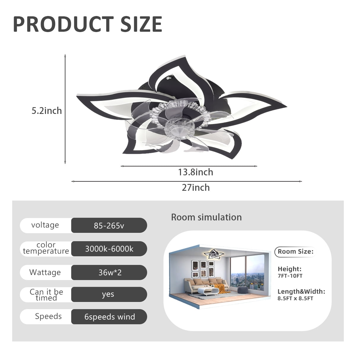 Flower Ceiling Fans with Lights, 27 inches Modern Low Profile Ceiling Fan, Dimmable LED Ceiling Light Fixture, Flush Mount Ceiling Fans with Remote/App for Bedroom, Living room, Black