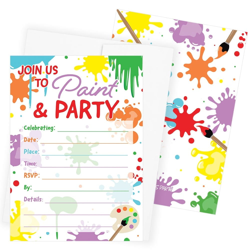 Art Birthday Party Invitations - Multicolor Paint and Party - 10 Cards with Envelopes - Distinctivs