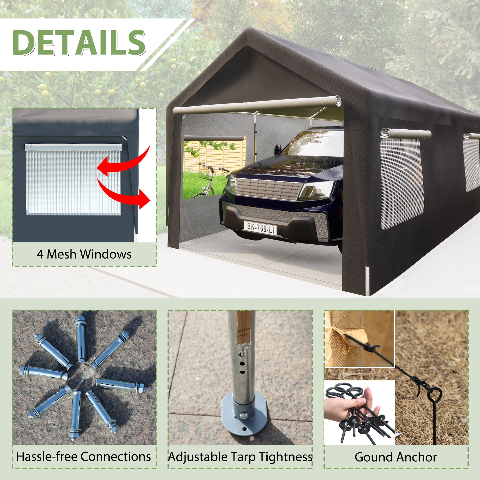 GZXS 10ft x 20ft Heavy Duty Canopy Tent with Roll-up Ventilated Windows, Garage Carport with Steel Frame, Removable Sidewall & Door, Gray