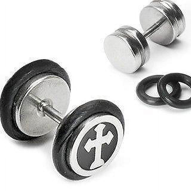 Earrings Rings Fake Cheater Gothic Cross Plug 16 Gauge Pair 16g 1/4" stainless steel barbell