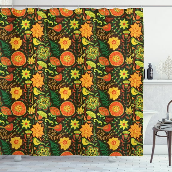 Garden Shower Curtain, Ornamental Nature Wildlife Pattern with Birds and Summer Flowers Scroll Art Design, Fabric Bathroom Set with Hooks, 69W X 75L Inches Long, Multicolor, by Ambesonne