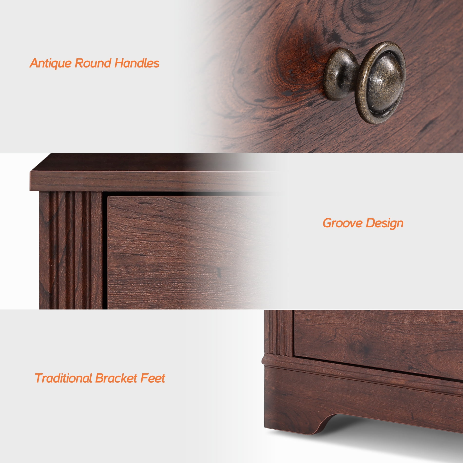 Traditional Side Table Set of 2, End Table with Two Sliding Large Drawers for Bedroom, Rustic Brown