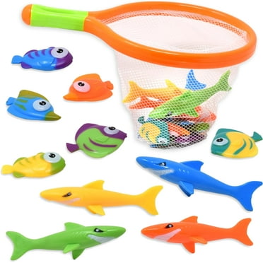 Toy Fishing Net for Bath | Bath Toys for Kids – Dive Game Small Sinking Fish, 4 Sharks & 6 Fish Multicolored