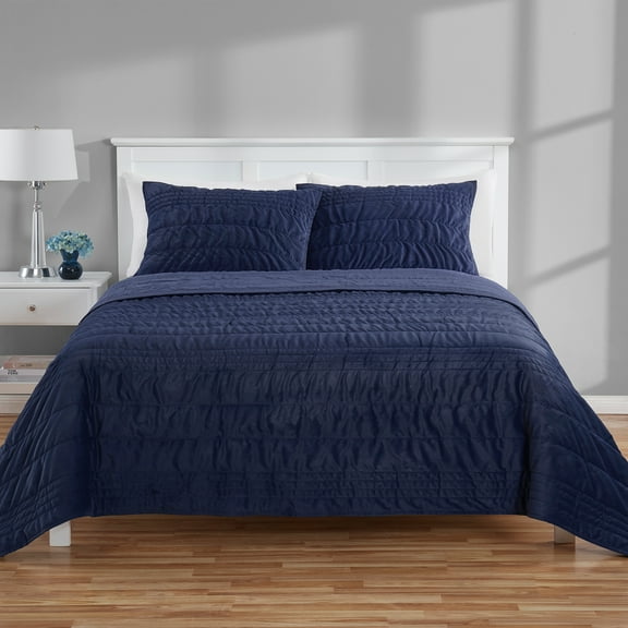 Mainstays King Quilt - Navy Blue Velvet - Zig Zag Stripe, Reversible Bedding