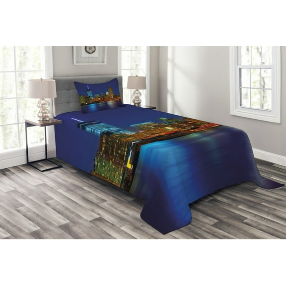 Ambesonne Urban Quilted Bedspread Set 2 Pcs, Manhattan Sunset Skyline, Twin Size, Multicolor