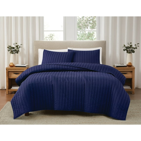 Brooklyn Loom Classic Solid 100% Cotton 200 Thread Count Percale Navy 2-Piece Twin Quilt Set, Solid Casual themed, Adult Bedding, OEKO-TEX Certified