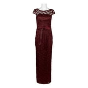 Adrianna Papell Boat Neck Cap Sleeve Tie Front Zipper Back Lace Dress-DEEP WINE / 10