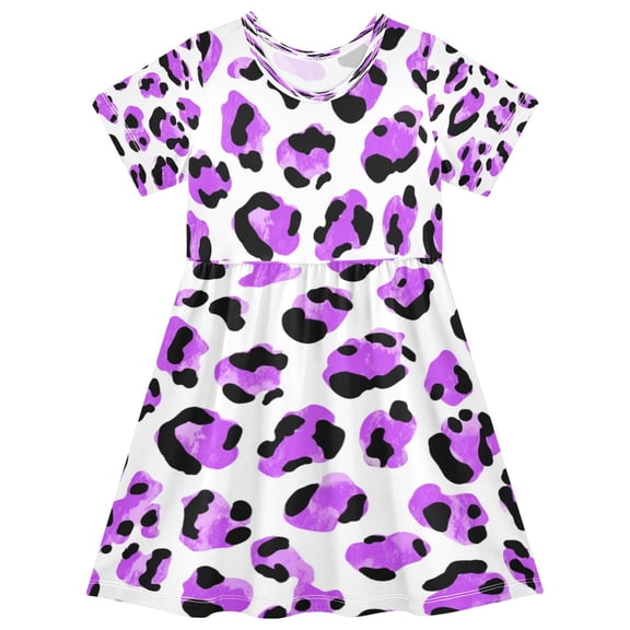 Girls Short Sleeve A-Line Dress Play Dress Neon Purple Leopard Print Sizes 2T