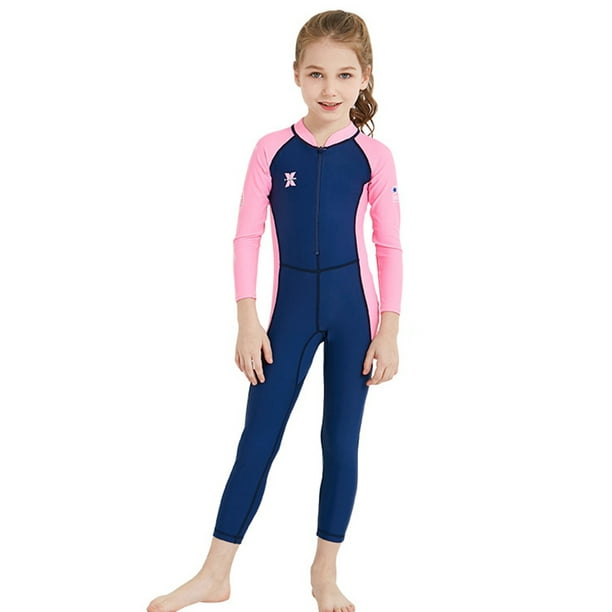 Full Body Swimsuit Girls Boys Long Sleeve Protection Swimming Suit Front  Zip Quick Dry Clothes 