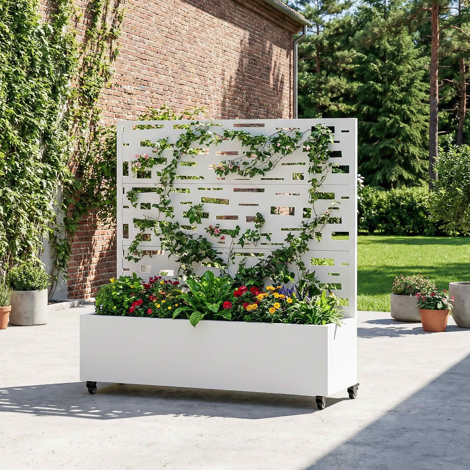 MAYEERTY 47X47" Metal Outdoor White Privacy Screen with Planter Box for Backyard & Garden, 3 Piece Set